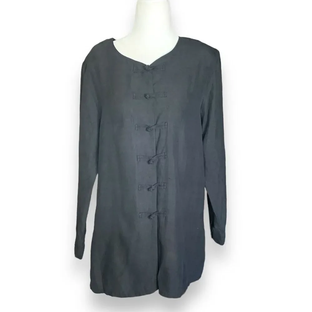 Vintage Anne Larsson Oversized Black Silk Top Long Sleeve Knot Buttons Asian